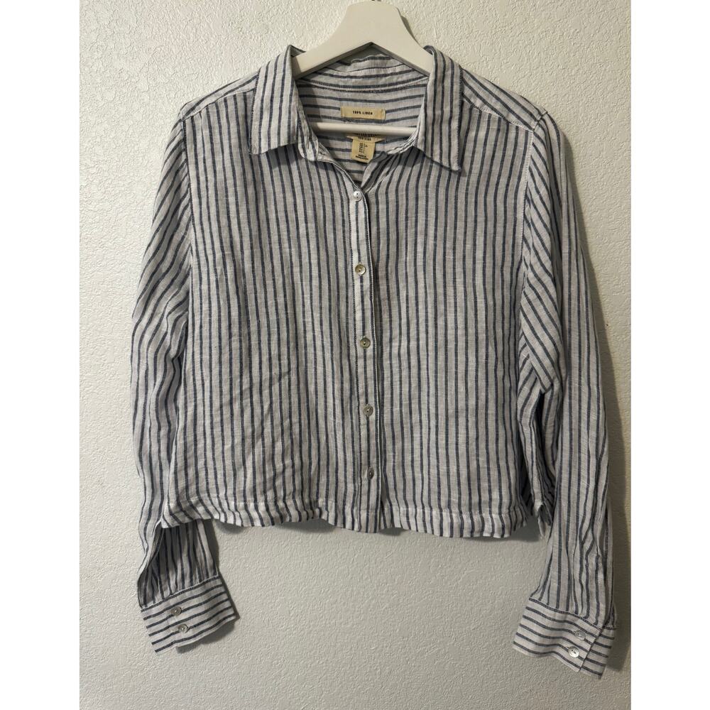 Christian Siriano White and Navy Striped Button-Up Blouse